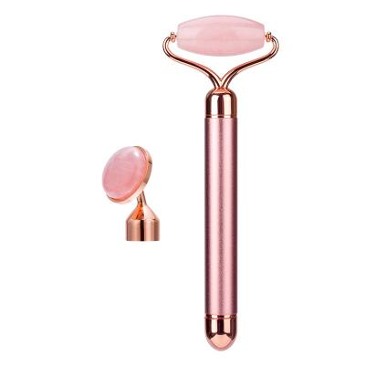 China Whitening Amazon Pink 2021 Vibrate 2 in 1 Facial Roller Crystal Quartz Face Roller For Skin Care Tool Therapy for sale