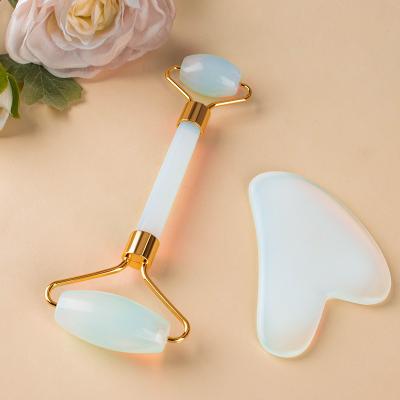 China 100% Natural Opal White Jade Double Head Logo Roller and Gua Sha Custom Facial Massager Set With Gift Box For Face Eyes Neck for sale