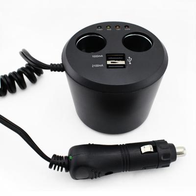 China Colorful Lights Cup Shaped Twin Plug Car Adapter With Two USB Ports Extension Cord And Battery Analyzer for sale