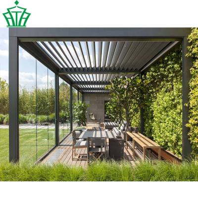 China Balcony Roof Garden Yard Shed Motorized Pergola With Glass Side Wall Design for sale