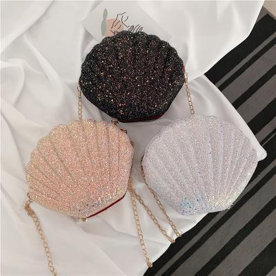 China Fashion Cute Novelty Shape PU Leather Zipper Lipstick Handbags Sparkly Sequins Shell Purses With Chains for sale