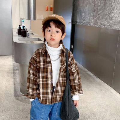 China New Arrivals Brown Casual Plaid Single Breasted Boys Jacket Shirt Kids Breathable Kids Clothing for sale