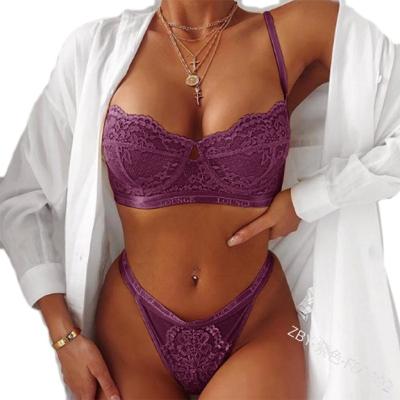 China Women Sexy Hollow Out Breathable Hot Sexy Lingerie Eyelash Lace Perspective Summer Lingere Two Piece Set for sale