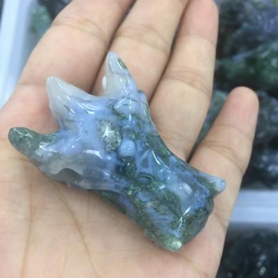 China China hot sale high quality hand carved head druzy healing dragon moss agate geode stone folk crafts for souvenir for sale