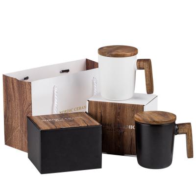 China Desktop Viable Creative Nordic Mug Wooden Handle With Lid Couples Water Cup Gift Box Set Home Vintage Ceramic Mug for sale