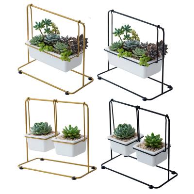 China Nordic Creative Home Indoor Iron Simple Frame Swing Geometry Combination Europe Decor Vase Ceramic Fleshy Flowerpot for sale