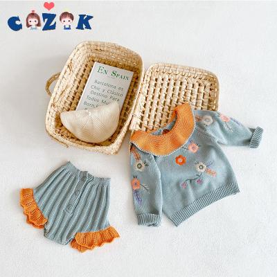 China Anti-pilling New Full Suit Embroidered Ruffle Collar Knitted Sweater + Lace Pants Two-Piece Set Babies Clothes Sweater Set for sale