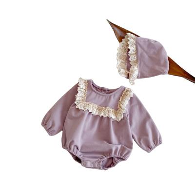 China Spandex/Cotton French Lace Long Sleeve Triangle Jumpsuit + Hat Set Casual Cotton Baby Overalls Baby Jumpsuit for sale