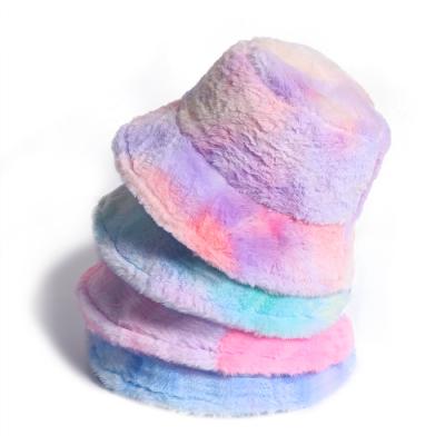 China Soft Furry Winter Fashion Vintage Printing Hat Women Rainbow Colorful Tie Dye Luxury Faux Fur Bucket Hat for sale