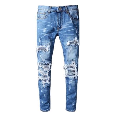 China New Paris QUICK DRY Ripped Vintage Badge Elastic Long Pants Men Plus Size Denim Cotton Jeans for sale