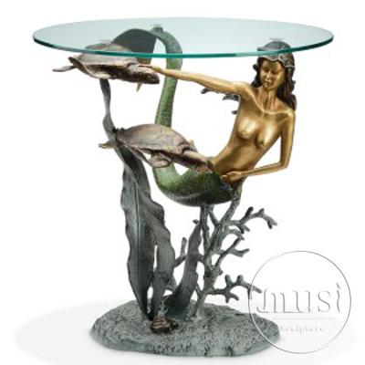 China Europe Home Decoration Bronze Mermaid With Two Turtles Table Base Statue for sale