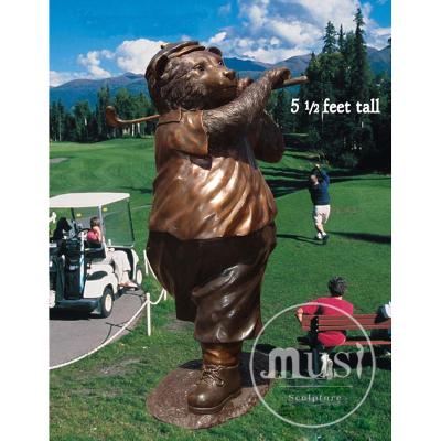 China Europe Outdoor Decoration Bronze Golf Player Sculpture Life Size Bronze Bear Playing Golf Statue for sale