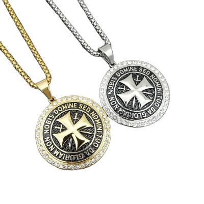 China FASHIONABLE 316 Stainless Steel Gold Plated Diamond Insert Cross Sword Shield Pendant Necklace Jewelry for sale