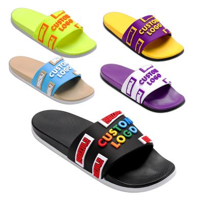 China Cushioning Lightweight Custom Pillow Design Slippers PU 3D Logo Slides Sandals Low Moq Factory Shape Sit Custom Slides With Logo for sale