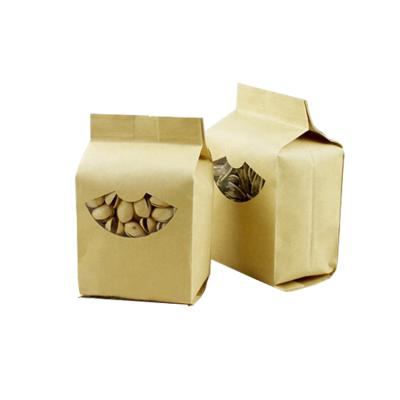 China Recyclable in Stock and Custom Side Coated Brown Kraft Paper Pouches Aluminum Foil Gusset Food Packaging Bags with Unique Shape Window for sale