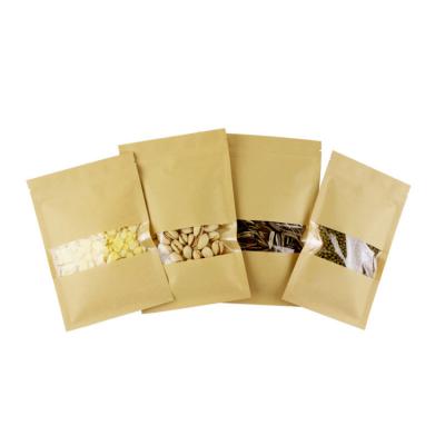 China Recyclable in 3 Side Seal Stock and Custom Flat Brown Kraft Paper Food Packaging Pouches Resealable Ziplock Bags with Window and Zipper for sale