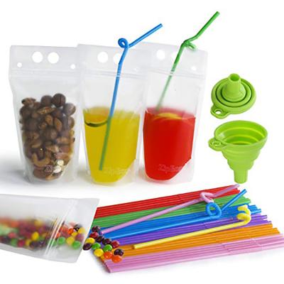 China Disposable In Stock Custom Resealable Handheld Zipper Plastic Drinking Bags Juice Sealed Drink Pouches Clear With Plastic Straw for sale