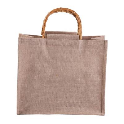 China New Fashion Jute Handled Tote Bag Burlap Bag Women Shopping Bag With Bamboo Handle for sale