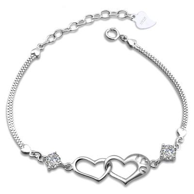 China Simple Girl Personalised Jewellery Double Heart 925 Sterling Silver Bracelet for sale