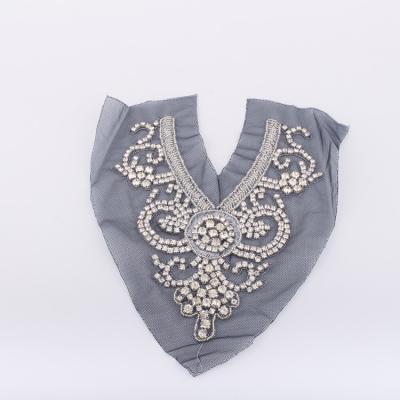 China V Shape Sequin Bead Neckline Rhinestone Crystal Applique, Sew On V Neckline Beading Rhinestone Neckline Appliques for sale