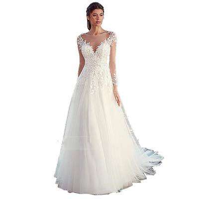 China 2020 New Design White Wedding Dress Factory Price Dry Cleaning Bridal Wedding Developed Slim Fit Wedding Dress Long Sleeve for sale