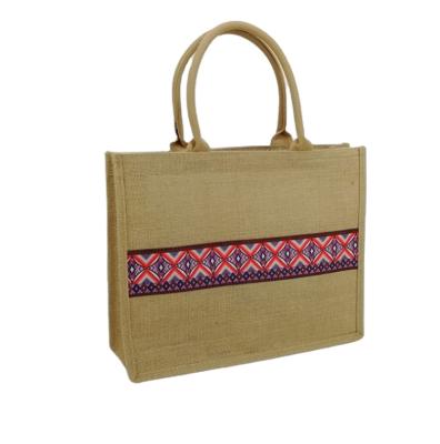 China Factory Wholesale Women's Handled Burlap Bags Fashion Double-Layer Jute Burlap Beach Bags Customized Logo for sale