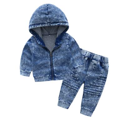 China New Products Anti-shrink European Boys Handsome Cowboy Jacket And Pants Washed Hooded Sweater Denim Suits for sale