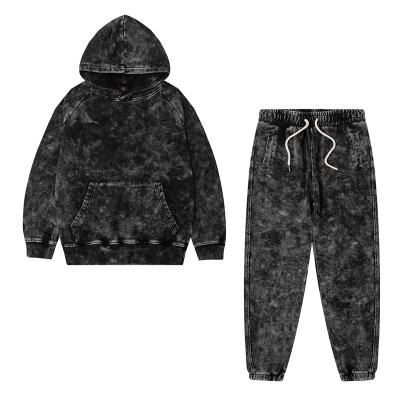 China European American Solid Color Fried Dark Black Boy Hoodies Distressed Kids Anti Shrink Sets Tracksuit for sale