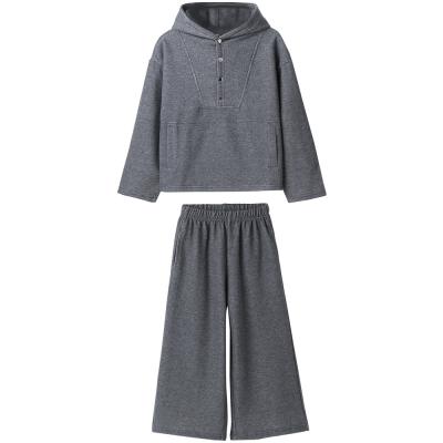 China 2021 Anti-Shrink Kids Spring Autumn Large Girl Jogging Suits Wide-leg Pants Casual Loose Hoodie Two-piece Suit for sale