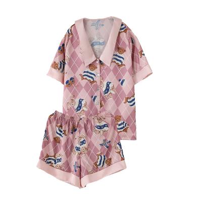 China Short Sleeve Silk Satin Pajamas V-Neck Floral Printed Knitted Weaving 2 Piece Sets en venta