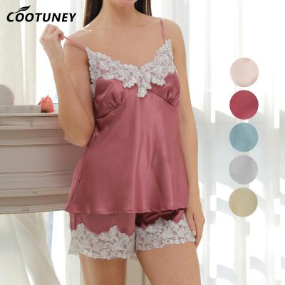 China 2021 Latest Summer Women's Sleepwear Cami Top PJ Set Two Piece Satin Shorts Lace Pajamas Set for sale