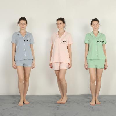 China Solid Color Organic Cotton Pajamas V Neck Soft Knitted Two Pieces Short Sleeve Sleepwear for sale