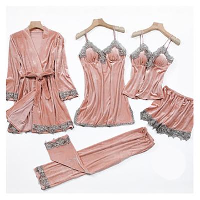 중국 Flannel Pajamas Ladies Sleepwear 5 Suits Pajamas With Lace Edge Long Sleeves Long Pants Womens Clothing Sleepwear 판매용