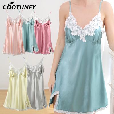 China New Arrival Silk Sleepwear Slip Cami Nightdress Lace Solid Color V Neck Women Sexy Satin Nightgown Te koop