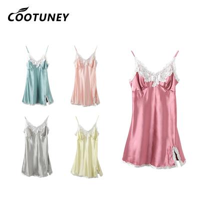 China Summer Solid Color Sexy Lingerie Pajamas Satin Silk Lace Nightwear Cami Sleeveless Dress Te koop