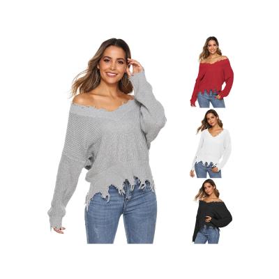 China 2020 New Style Winter Solid Color Long Sleeve Women Distressed Sweater Oversize zu verkaufen