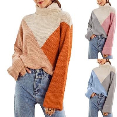 China Stitching Color Knitted Pullover Sweater Turtleneck With Computer Weaving Technology à venda