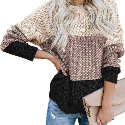 China Winter Ladies Knitted Pullover Sweater Color Block Crew Neck Long Sleeve 100% Polyester zu verkaufen