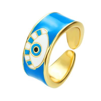 China 2021 fashion women enamel devil eye ring 18K gold copper luxury unadjustable ring wholesale eye for sale