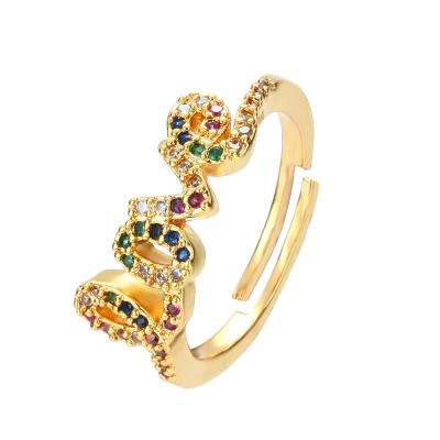 China 2021 Fashion Women LOVE Rainbow CZ Ring 18K Gold Zircon Copper Exquisite Ring Gift Crystal Wholesale for sale