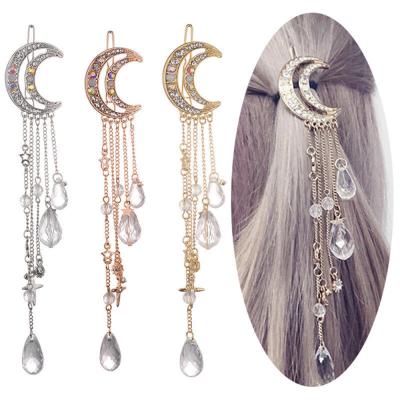 China Lady Moon Rhinestone Crystal Tassel Long Chain Beads Fashion Elegant Women Dangle Hairpin Hair Clip Hair Jewelry for sale