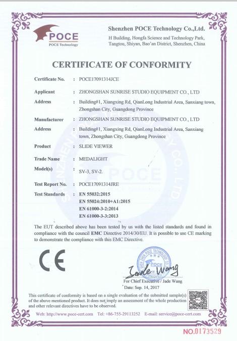 CE - Zhongshan Sunrise Studio Equipment Co., Ltd.