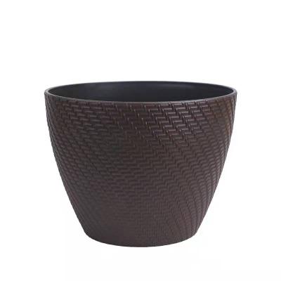 China Modern Plastic Basketweave Faux Flower Pot Cylinder Resin Plant Pot Decorative Wicker Plastic Porous Material Garden Outdoor Planter for sale