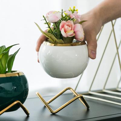 China Simple Creative Corrosion Resistance Succulent Planter With Metal Frame Zakka Combination Plant Potted Ceramic Pots for sale