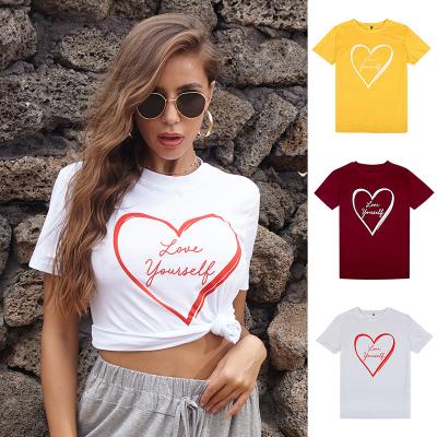 China Anti-Wrinkle Women Short Sleeve Sweater O-Neck Heart Print 100% Cotton White T-Shirt for sale