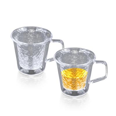 China Double Layer Hammer Pattern Viable Heat Resistant Glass Mug, Coffee Mug, Tea Cup With Handle 250ml (2 Sets) for sale