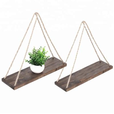 China Europe 17-Inch Distressed Swing Rope Wood Hanging Floating Shelves for sale