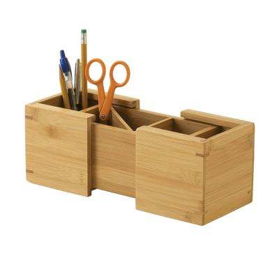 China Art Hot Selling Bamboo Retractable Fork Pen Holder Handmade Desktop Pen Storage for sale