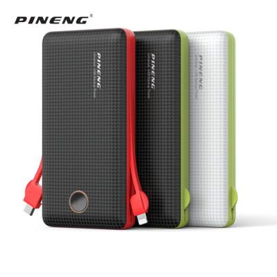 China Pineng high capacity 20000 mAh powerbank USB port portable charger with built-in cables for sale