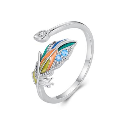 China Other 925 Sterling Silver Colorful Feather Open Ring Women Fashion Rings for sale